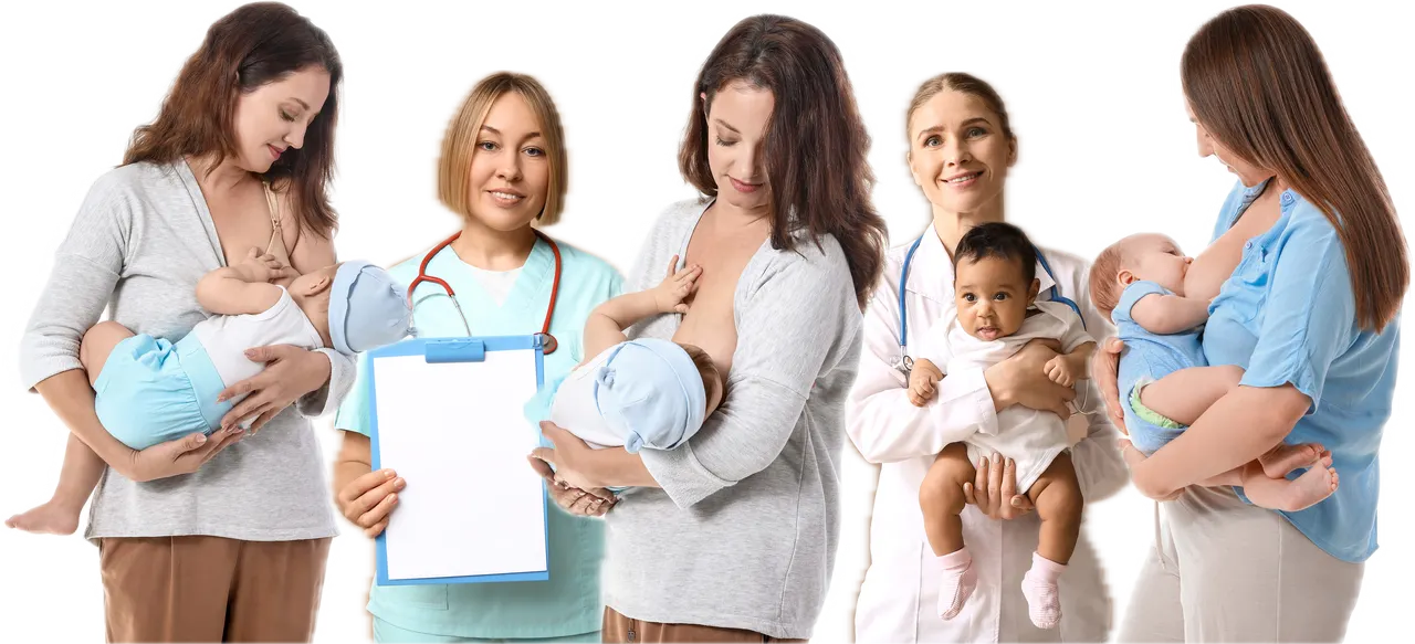 Three mothers feeding their babies, with two doctors